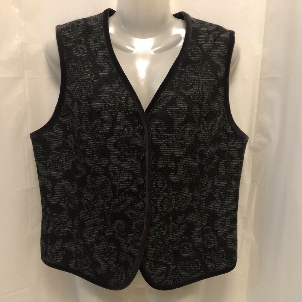 Talbots Vest Women 10 Purple Gray Floral Wool Blend 5 Button Bordure Fully Lined